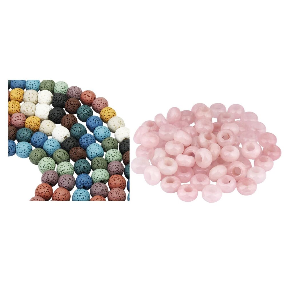 9637 Pack of 2 Colorful Lava Rock Stone Loose Bead 14" & Rose Quartz